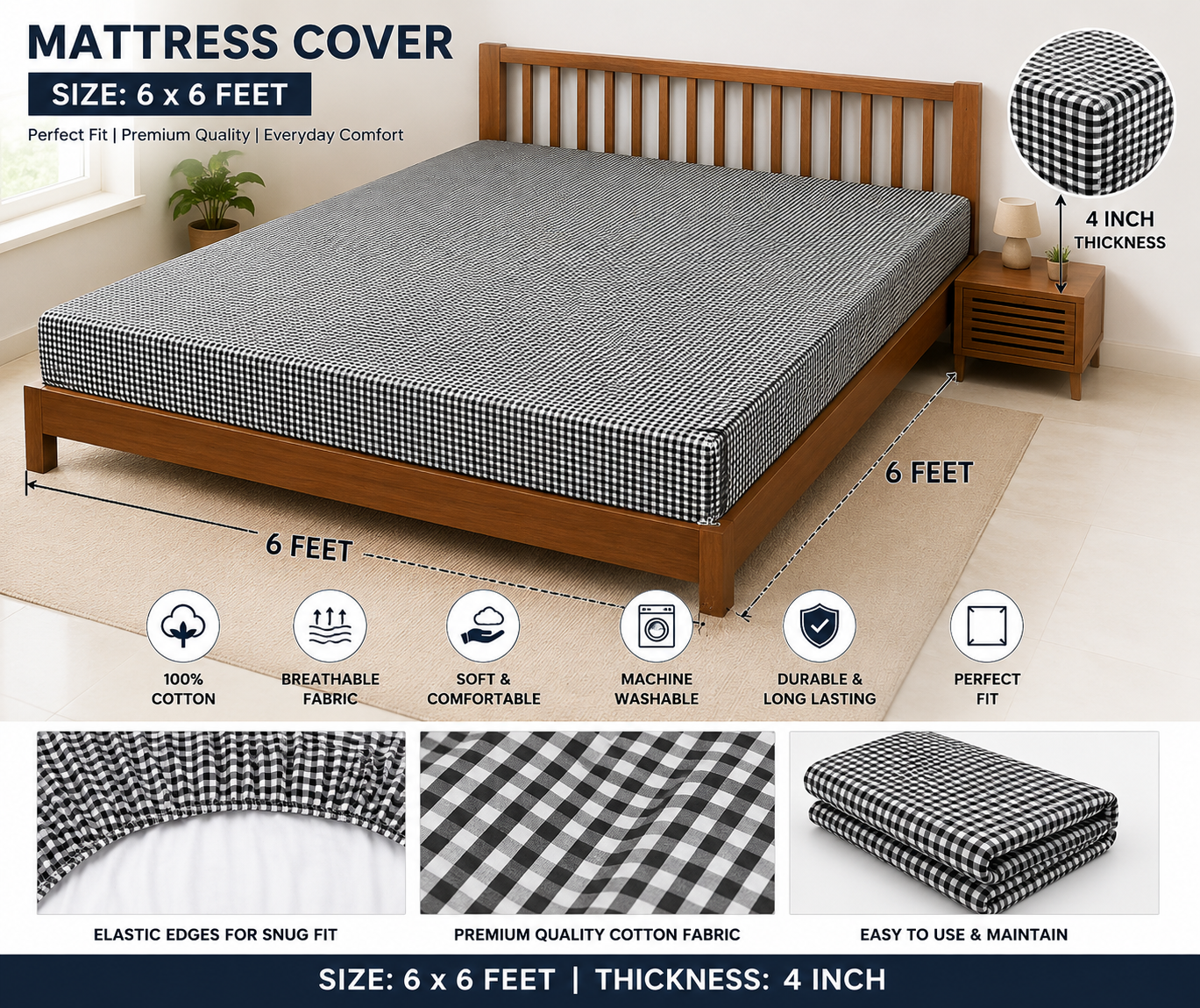 6*6 Feet Mattress Cover - Color: Black