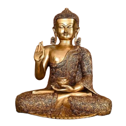 Brass Hand Carved Blessing Buddha Statue - Color: Golden