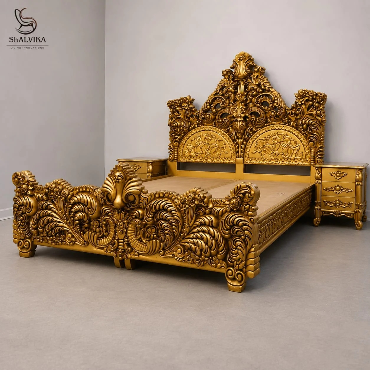 Gold Finish Designer Luxury Royal King Size Bed - Wood Type: Teak Wood
