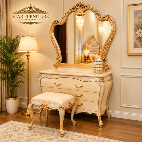 Royal Teak Wood Dressing Table Set - Assembly: No Assembly Required