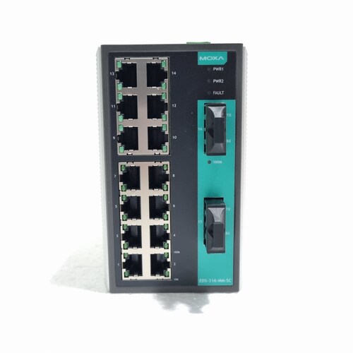 Moxa EDS-316-MM-SC-T 16 Port Industrial Ethernet Switch 14 RJ45 2 Multi-Mode SC - Metal Housing, Black, 12/24/48 VDC Power, Wide Temp Range