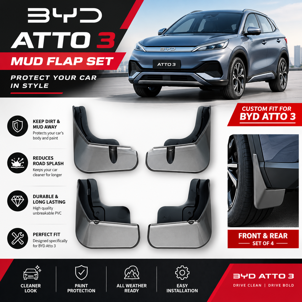 Byd Atto-3 Car Mud Flap / Mud Guard - Dimension (L*W*H): 32*22*18 Centimeter (Cm)