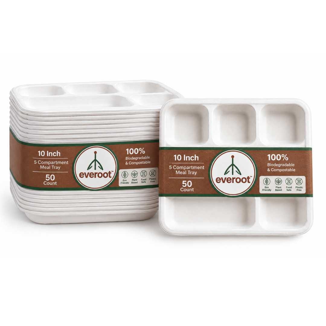 Everoot Disposable 5 Compartment Bagasse Meal Tray - Application: Restaurants