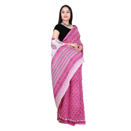Block Printed Cotton Saree - Color: Multicolor