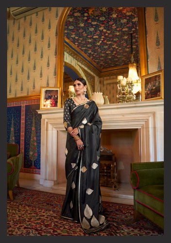 Black Pure Satin Weaving Silk Designer Saree For Women