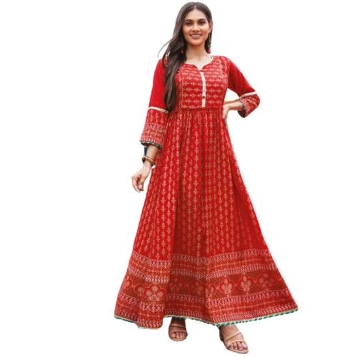 Red Casual Wear Floral Printed Heavy Silk Long Kurti