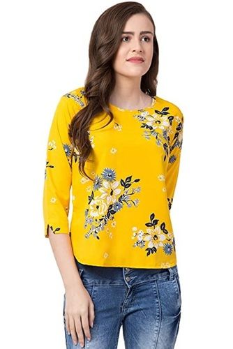 Chiffon Ladies 3/4 Sleeves Round Neck Comfortable And Breathable Cotton Yellow Printed Top