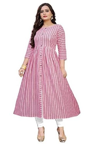 Ladies Round Neck 3/4th Sleeves Button Closure Striped Frock Kurti For Party Wear