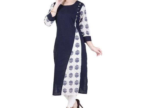 Navy Blue With White 34 Inch Long Ladies Printed 3/4Th Sleeves Cotton Kurtis