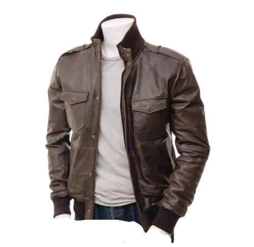 Brown Mens Regular Fit Casual Wear Full Sleeves Leather Jacket With Shoulder Patches