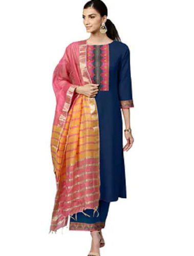 Ladies 3/4th Sleeves O Neck Casual Wear Printed Cotton Suit With Dupatta