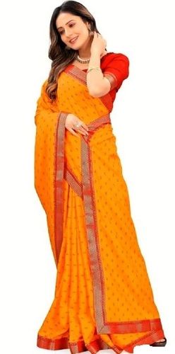 Red And Yellow Ladies Casual Wear Printed Cotton Silk Saree With Unstitched Blouse