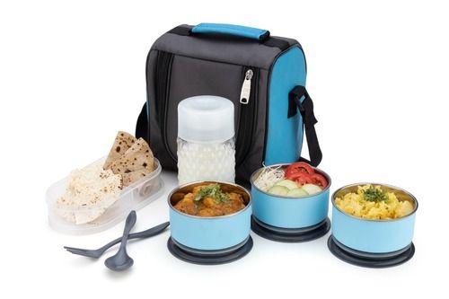 Stainless Steel Lunch Box 3 Container And 1 Casserole Set With Plastic Bottle 2 Spoon Tiffin Box With Bag