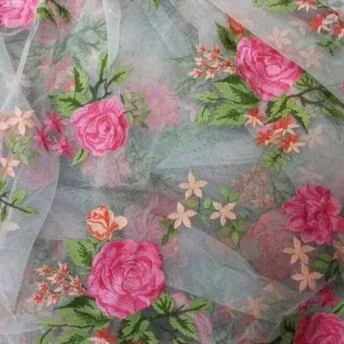 Light In Weight 150 Gsm Skin Friendly Floral Printed Net Fabric For Garments