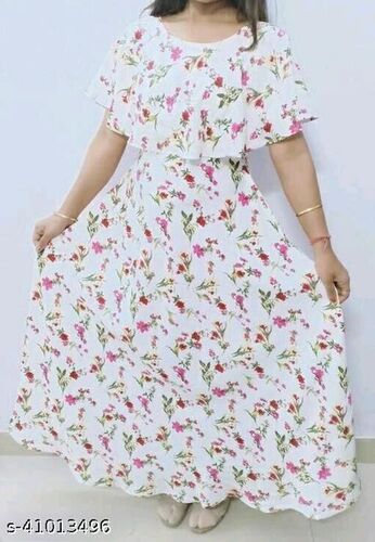 Ladies Casual Wear Short Sleeves Floral Printed Maxi Dress