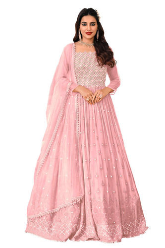 Ladies Designer Pink Faux Georgette Embroidered Gown With Dupatta