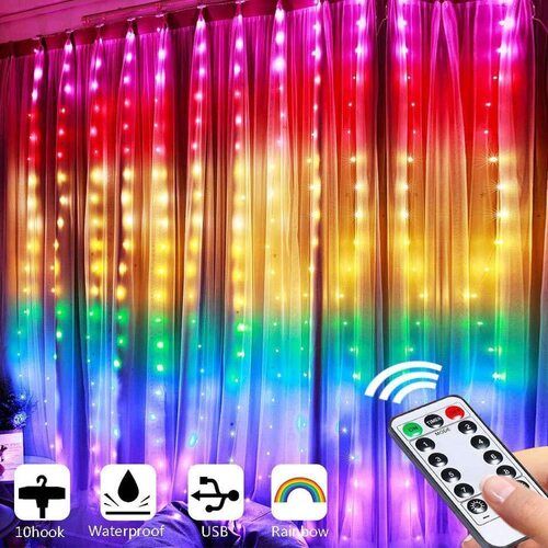 Copper X4Cart 300 Led Multicolor Fairy Curtain String Lights With 8 Modes Remote Control, Adjustable Brightness And Usb Plug For Bedroom Indoor Outdoor Garden Birthday Decoration (Multicolor, 3 X 3 Meter)