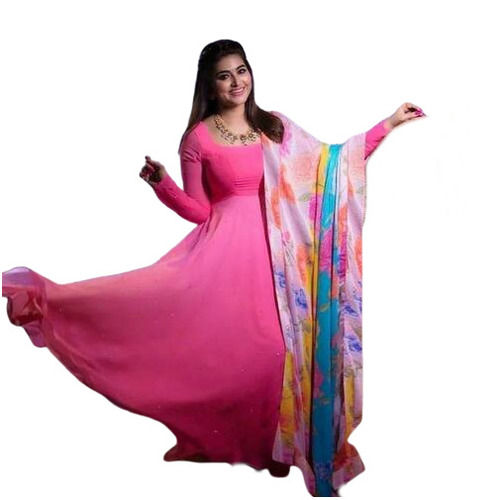 Pink Georgette Full Length Gown With Finely Curated Corset Dupatta