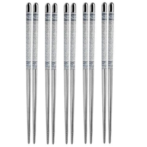 Mitsico Reusable Stainless Steel Chopsticks 5 Pcs Set - Color: Silver