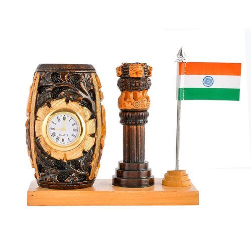 Complete Finish Light Brown Wooden Ashok Stambh Pen Stand With Indian Flag And Clock