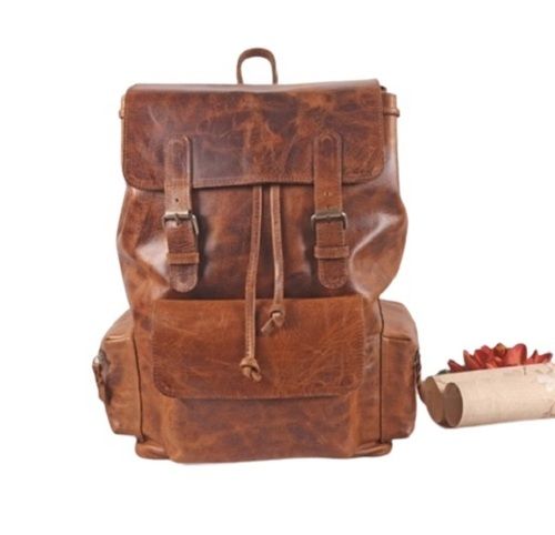 Plain Tan Color Genuine Top Grain Leather Rucksack Bagpack