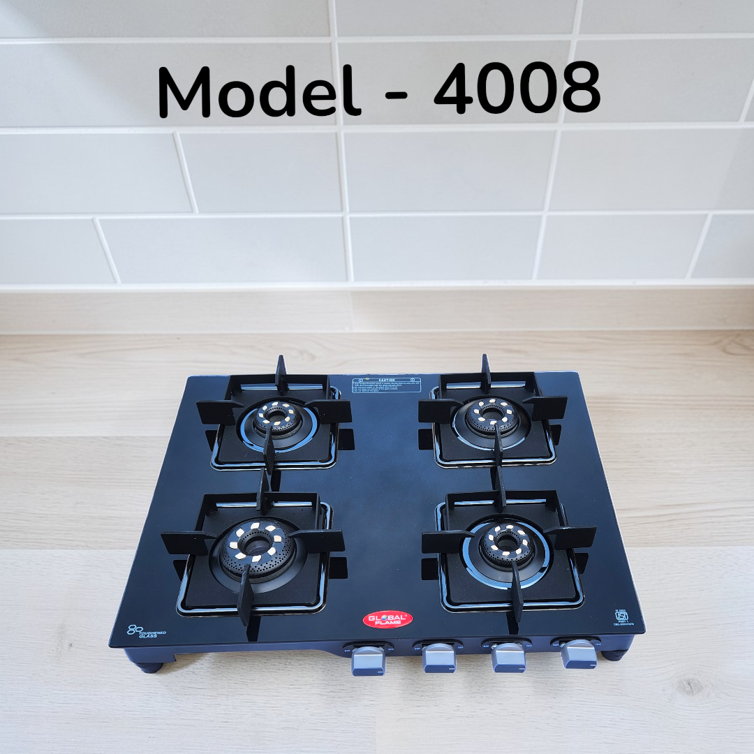 Infinity Glass Gas Stove - 63x50x10 cm | 8 mm Toughened Glass Metal Knobs Heavy Efficiency Brass Burners Flameguard Pan Support 4 Burners