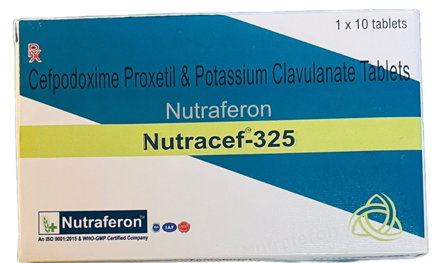 Nutraferon Nutracef 325mg Tablet - Dual Action Antibiotic | Effective Against Bacterial Infections, Includes Beta-Lactamase Inhibitor, Storage: Cool Dry Place