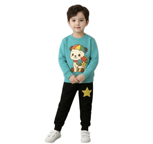 Kids Cotton Printed T-Shirt and Track Pant Set - Round Collar, Full Sleeves, Pink and Black Color | Anti-Wrinkle, Breathable, Non-Fade, Washable