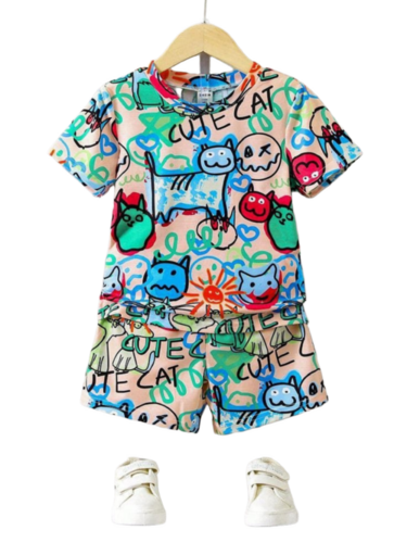 Kids Casual Wear - Cotton T-Shirt And Track Pant Set, Pink, Breathable & Anti-Wrinkle, Modern Printed Design, Unisex, 1-15 Years