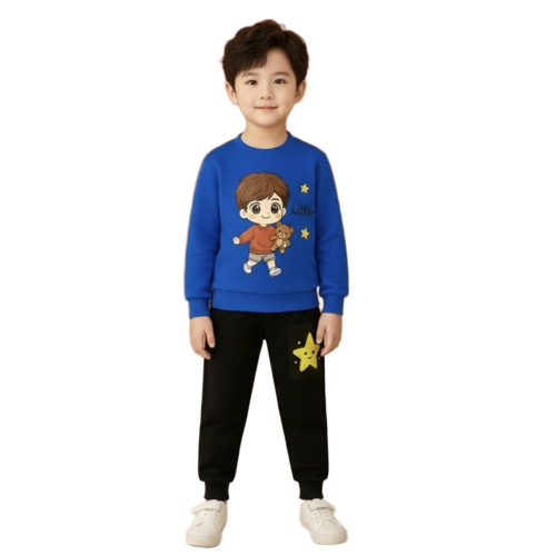 Cotton Kids Winter T-Shirt And Track Pant Set - Pink And Black Full Sleeves Anti-Wrinkle Breathable Printed Design Modern Style