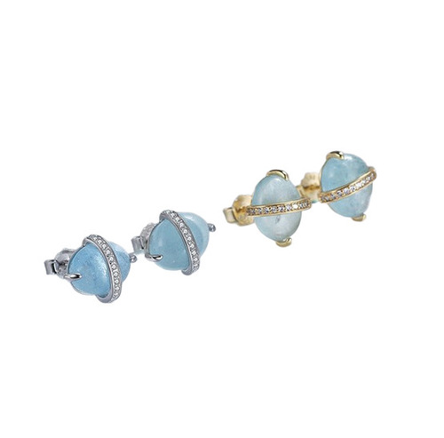 14K Gold Plated Natural Oval Aquamarine Gemstone Earrings Stud