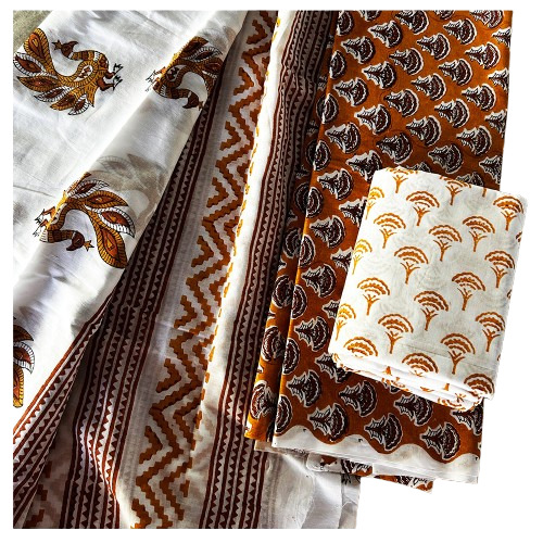Hand Block Printed Mustard Cotton Dress Material With Peacock Print Dupatta