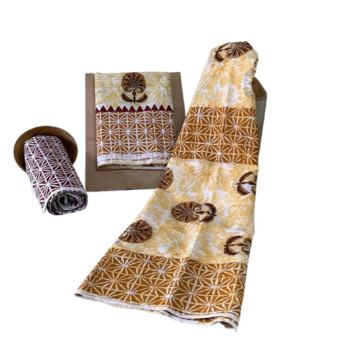 Hand Block Printed Brown Cotton Dress Material With Floral Butti Dupatta