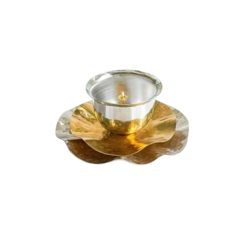 Brass And Steel Akhand Diya With Hammered Petal Plate - Design Type: Table Top