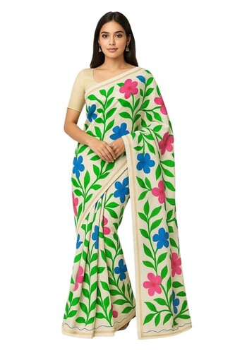 Hand Print Kerala Cotton Saree With Floral Print - Color: White