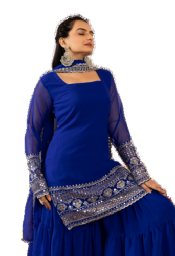 Womens Embroidered Kurta Sharara Dupatta Set - Color: Blue
