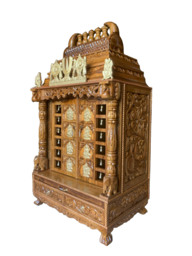 South Indian Designs Wooden Temple For House - Solid Teak Wood, Golden Polish Finish, Carved | Durable, Easy To Install, Spacious Interior