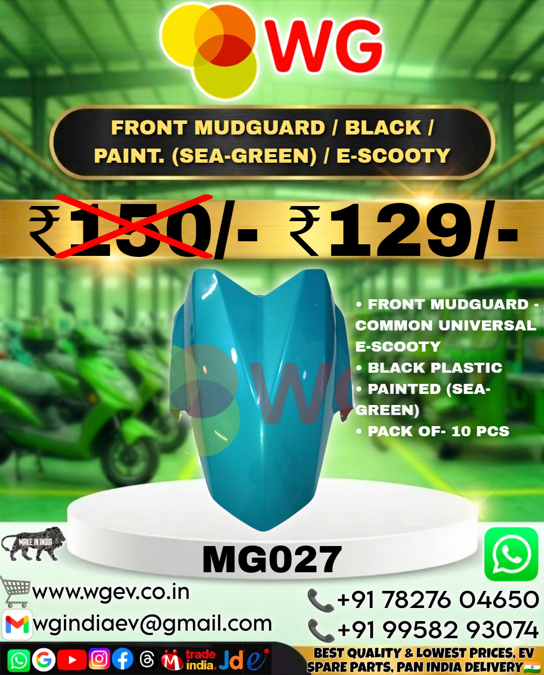 Front Mudguard / Black / Paint Sea Green / E-Scooty - ABS Plastic Painted Sea Green Front Mudguard Electric Scooter