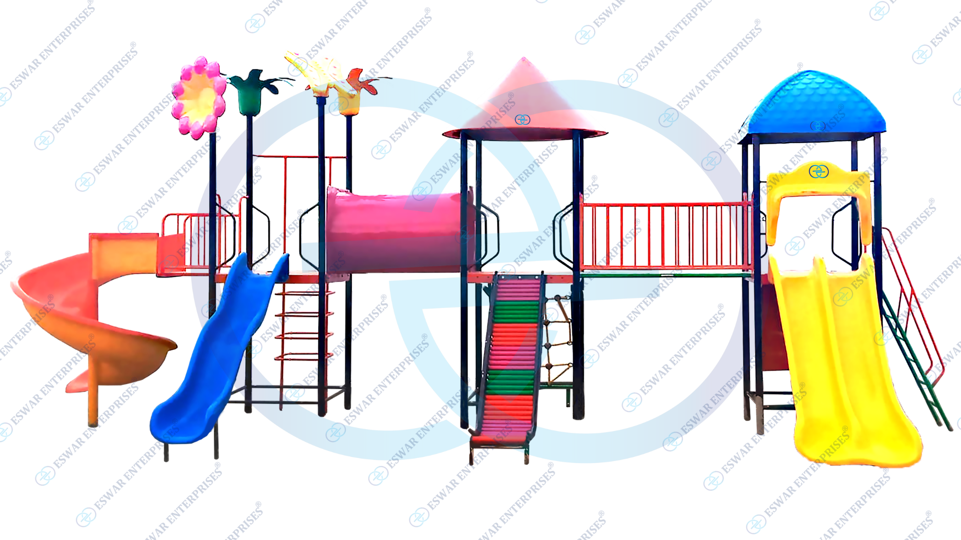 Kids Play Station - Durable Outdoor Equipment, Green and Red, Slide, Swing, Ladder, Climber, Tunnel, Activity Panels