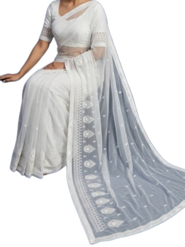 Embroidery Thread Work White Sarees - Feature: Bright Color
