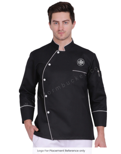 Black Stylish Chef Coat With White Side Cross Piping - Fabric Type: Viscose