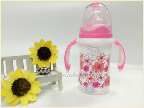 BPA Free Wide Neck Baby Feeding Bottle - 240ml Polypropylene with Double Color Handles | Liquid Silicone Rubber Nipple, Custom Logo Printing