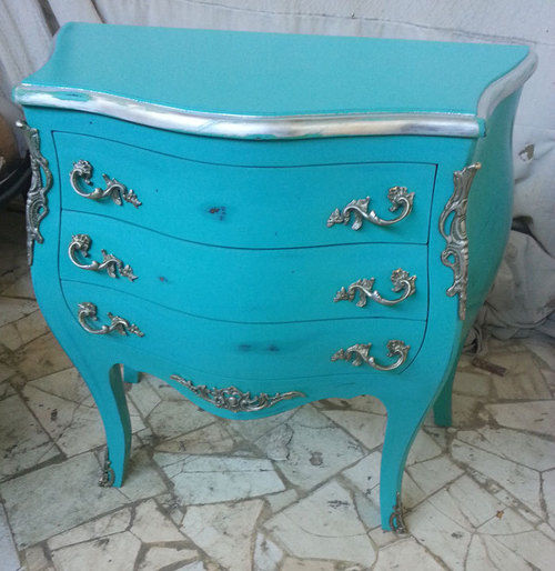 Louis XV Chest Drawers In Blue Colors With Silver Bronze