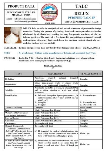 Pharma Talc IP - Ultra-Fine Powder, Smooth and Soft with Pearly Luster, Low Moisture and Chemically Inert for Lubrication and Body Talc Use