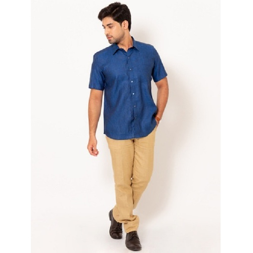 Mens Chambray Half Sleeves Linen Shirt - Color: Pink