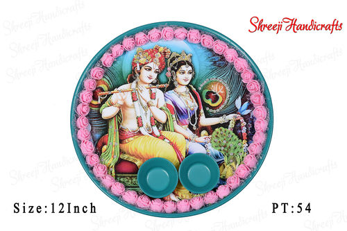 Radha Krishna Painted 12 Inch Designer Fully Hand Work Puja Thali