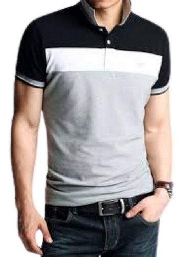 Mens Plain Grey With Black Polo Neck Short Sleeve Cotton T Shirt Gender: Male