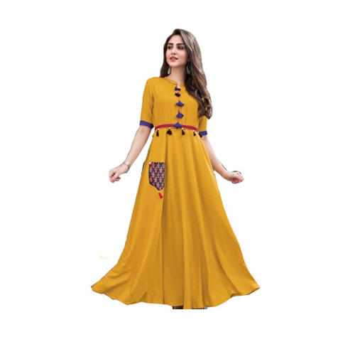 Ladies Yellow Gold Buta Anarkali Stylish Kurti - Spandex, Available in L, M, XL, XXL, XXXL | Elegant Buta Design, Full Sleeves, Breathable and Washable