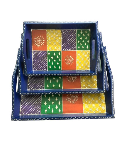 Mdf Painted Tray S/3 - Color: Blue With Multicolor Printed
