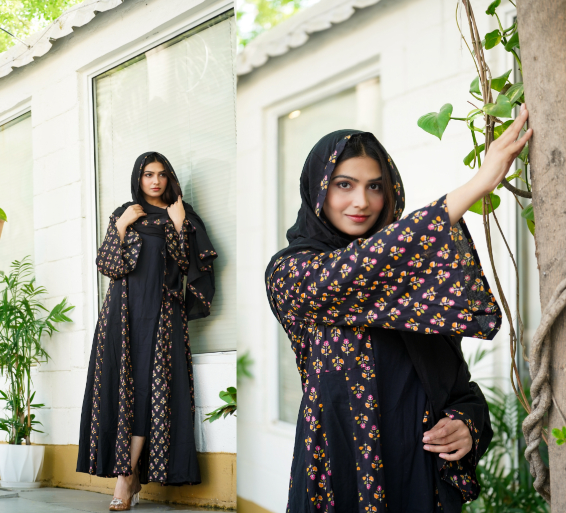 The Midnight Blossom 3 Piece Cotton Abaya Ensemble - Age Group: 20-60